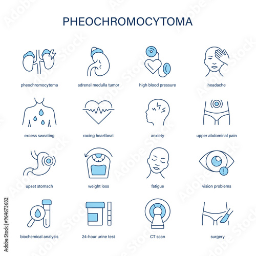 Pheochromocytoma symptoms, diagnostic and treatment vector icons. Medical icons.