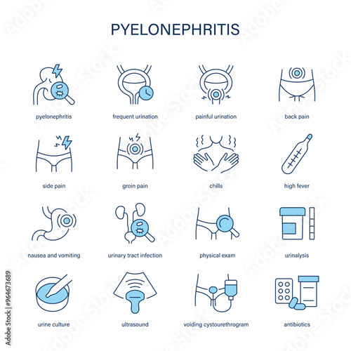 Pyelonephritis symptoms, diagnostic and treatment vector icons. Medical icons.