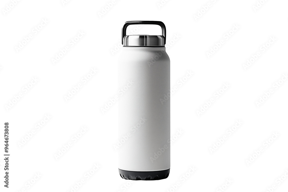 Minimalistic design of a white stainless steel water bottle with a black handle lid. Minimalistic design of a white stainless steel water bottle with a black handle lid.