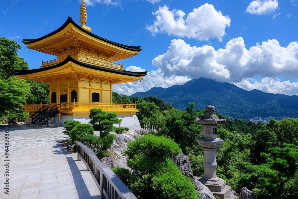 Golden Pavilion standing out against the backdrop of Mount Kinugasa creating a breathtaking contrast between the natural and the man-made Golden Pavilion standing out against the backdrop of Mount Kinugasa creating a breathtaking contrast between the natural and the man-made