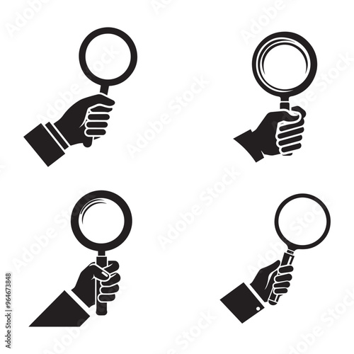 Holding magnifying glass silhouette. Vector illustration