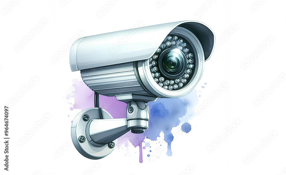 A watercolor picture of a CCTV camera is on the wall