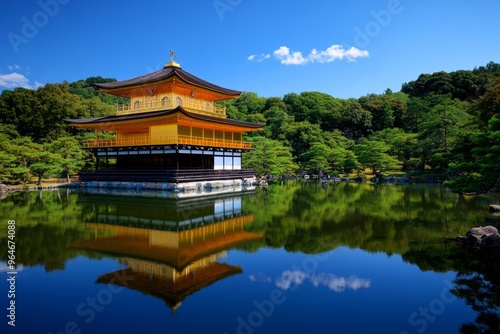 Golden Pavilion towering above a still pond with the mirror-like surface doubling its image, creating a perfect reflection