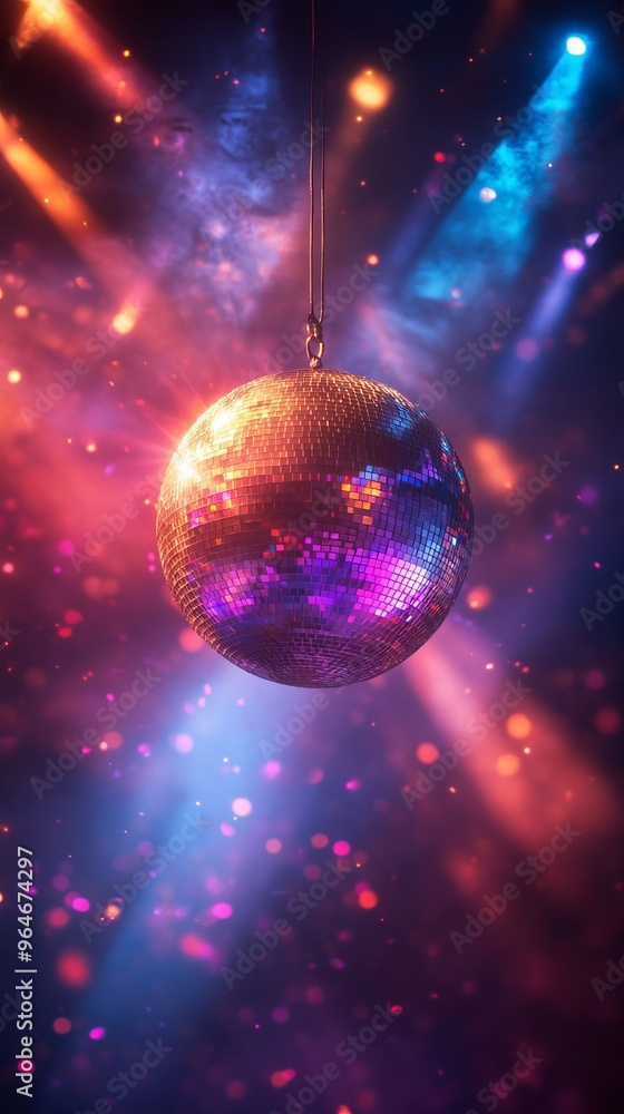 A close-up of a glittering disco ball suspended in mid-air. Numerous small mirrored facets reflect bright pink and blue lights. The background is blurred, with lots of light rays and bokeh effects. A close-up of a glittering disco ball suspended in mid-air. Numerous small mirrored facets reflect bright pink and blue lights. The background is blurred, with lots of light rays and bokeh effects.