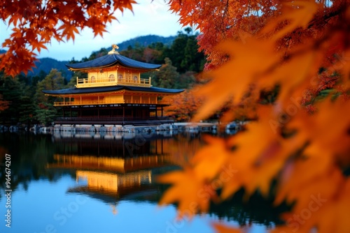 Golden Pavilion with autumn leaves floating in the pond around it, adding a touch of seasonal beauty to the scene photo