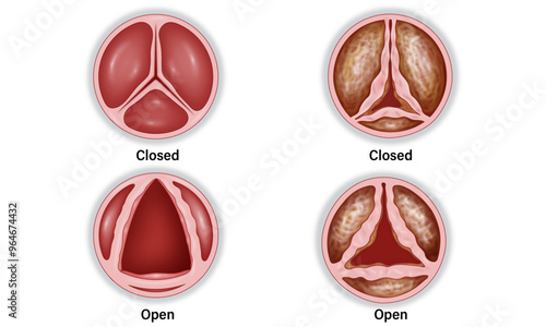 Aortic Valve Stenosis vector Illustration: Healthy vs. Stenotic Valve in Open and Closed Stages, Showing Calcification and Restricted Blood Flow