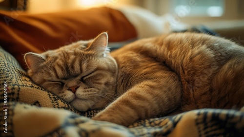 A sleeping orange cat resting peacefully on a cozy blanket.