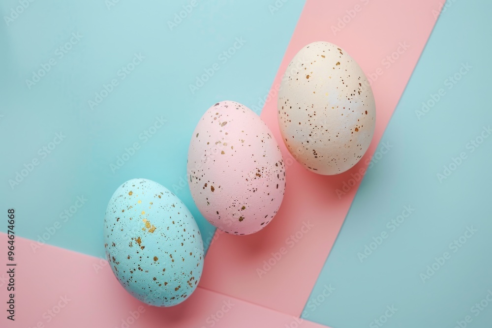 Pastel Easter Eggs: Three pastel Easter eggs with gold speckles arranged on a minimalist pastel blue and pink background. A festive and colorful image perfect for spring celebrations and Easter-themed Pastel Easter Eggs: Three pastel Easter eggs with gold speckles arranged on a minimalist pastel blue and pink background. A festive and colorful image perfect for spring celebrations and Easter-themed