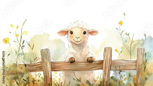 Cute Funny Sheep In Animal Pen Watercolor Illustration For Childrens Book Adorable Character Playful Animal Pen Scene Colorful Farm Kids Storybook