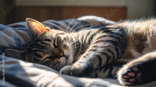 A sleeping tabby cat resting peacefully on a cozy blanket in soft sunlight.