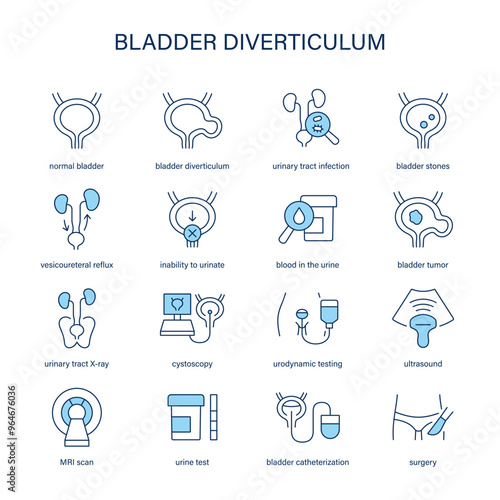 Bladder Diverticulum symptoms, diagnostic and treatment vector icons. Medical icons.