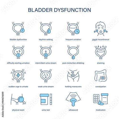 Bladder Dysfunction symptoms, diagnostic and treatment vector icons. Medical icons.