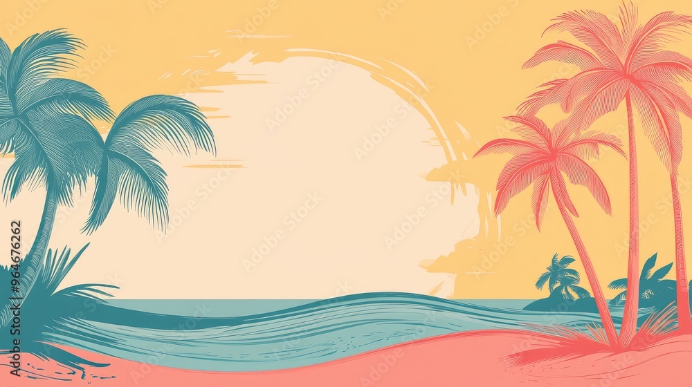 Pastel-colored scene with palm trees and waves in Coral, Aqua, and Sunny Yellow, alongside a blank canvas on the left. Pastel-colored scene with palm trees and waves in Coral, Aqua, and Sunny Yellow, alongside a blank canvas on the left.