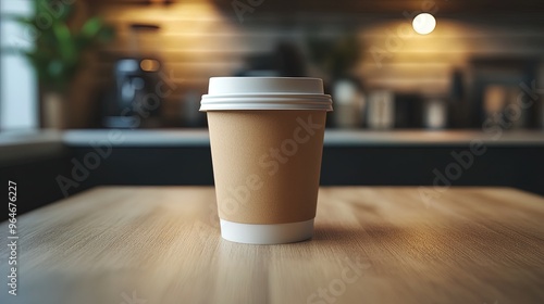 Disposable coffee cup sitting on a table in a cafe