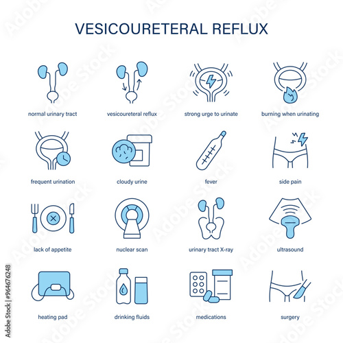 Vesicoureteral Reflux symptoms, diagnostic and treatment vector icons. Medical icons.	