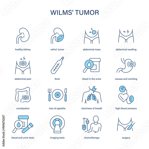 Wilms' Tumor symptoms, diagnostic and treatment vector icons. Medical icons.	