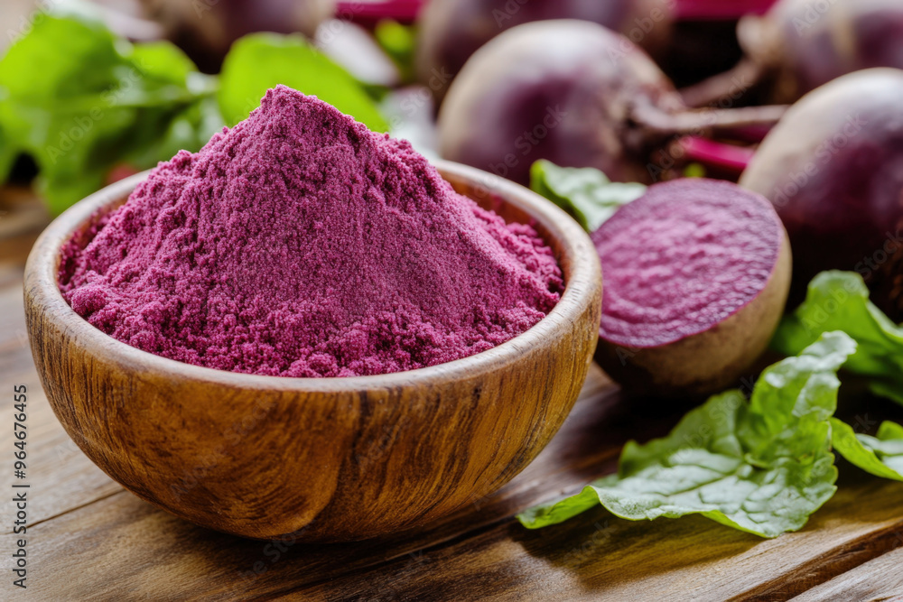Beetroot powder in wooden bowl showing the potential of the vegetable as a plant based supplement Beetroot powder in wooden bowl showing the potential of the vegetable as a plant based supplement