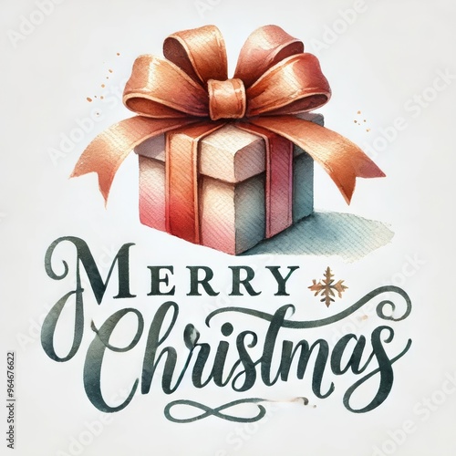 A watercolor-style graphic design featuring a Christmas gift with the words 'Merry Christmas' written above or below it.