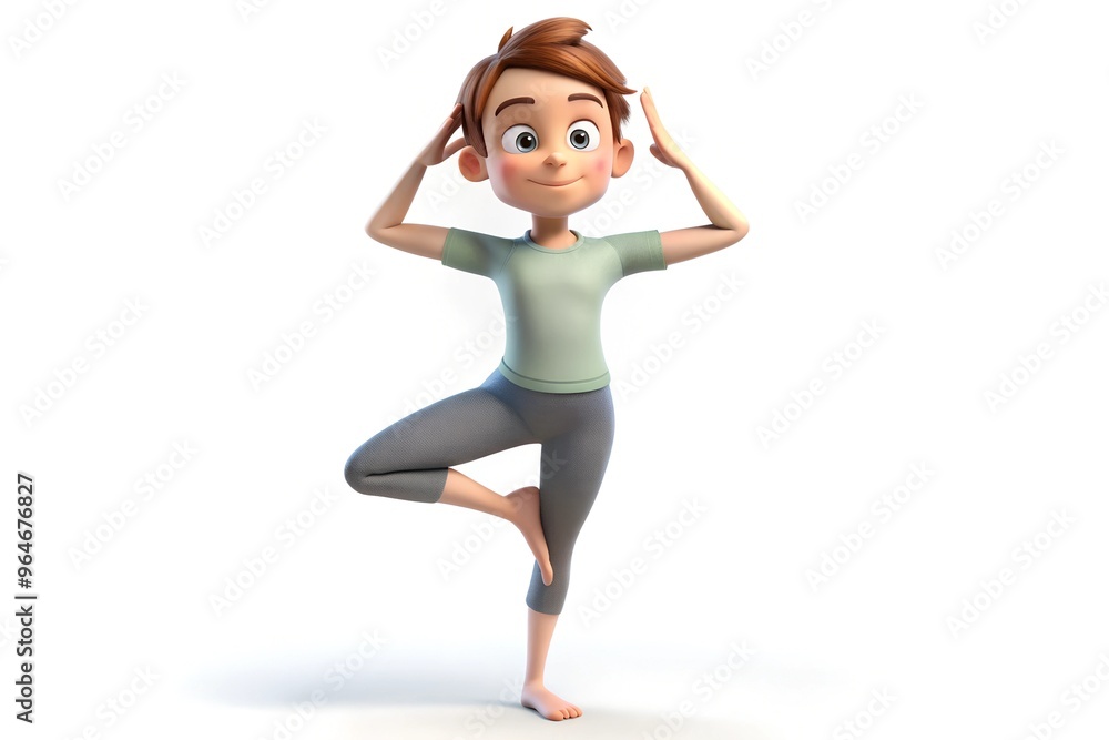 Happy cartoon boy practicing tree yoga pose Happy cartoon boy practicing tree yoga pose