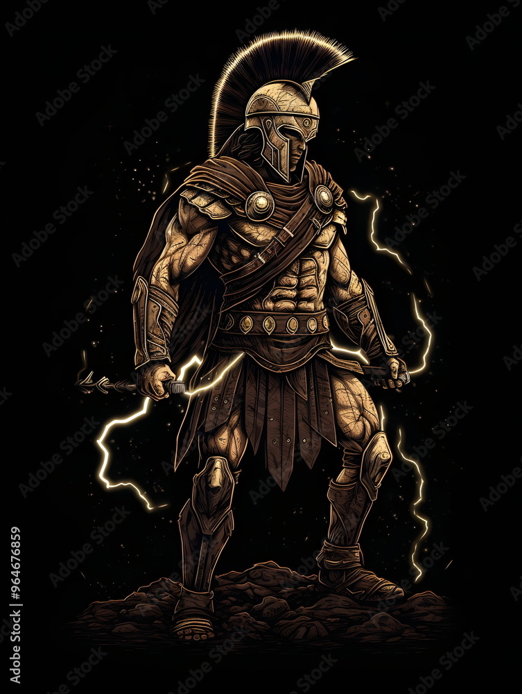 Fototapeta premium Illustration eines mächtigen antiken Kriegers mit Rüstung und Blitzkraft - Ki-Ai generiert