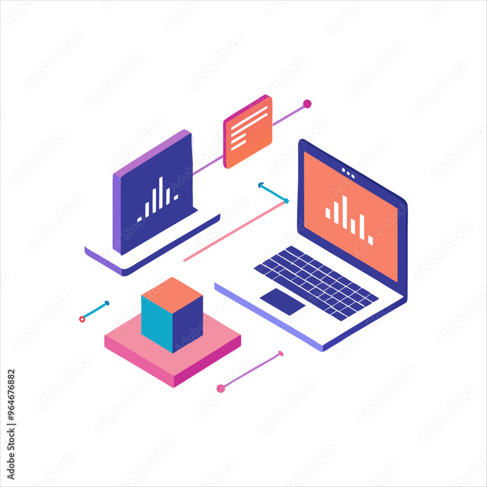 Isometric illustration of dual laptop with coding data analytics and AI symbol in a modern style, Isometric illustration of dual laptop with coding data analytics and AI symbol in a modern style,