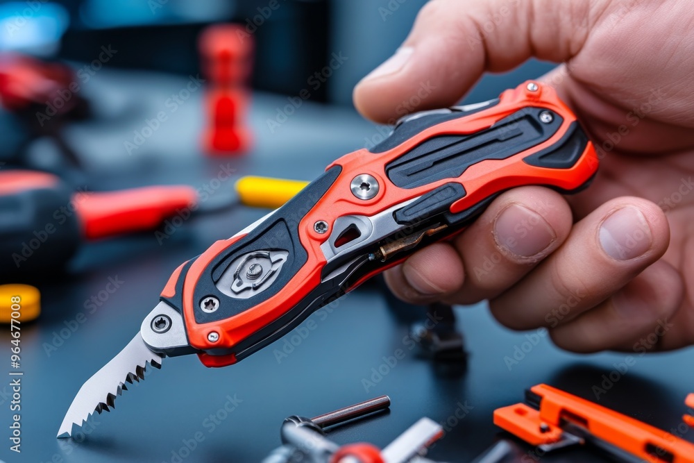 Multitool in hand, with various attachments being used for quick fixes, from opening bottles to tightening screws Multitool in hand, with various attachments being used for quick fixes, from opening bottles to tightening screws