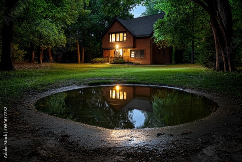 Pond beside the spooky house with dark, still water, the surface undisturbed except for the occasional ripple from an unseen source