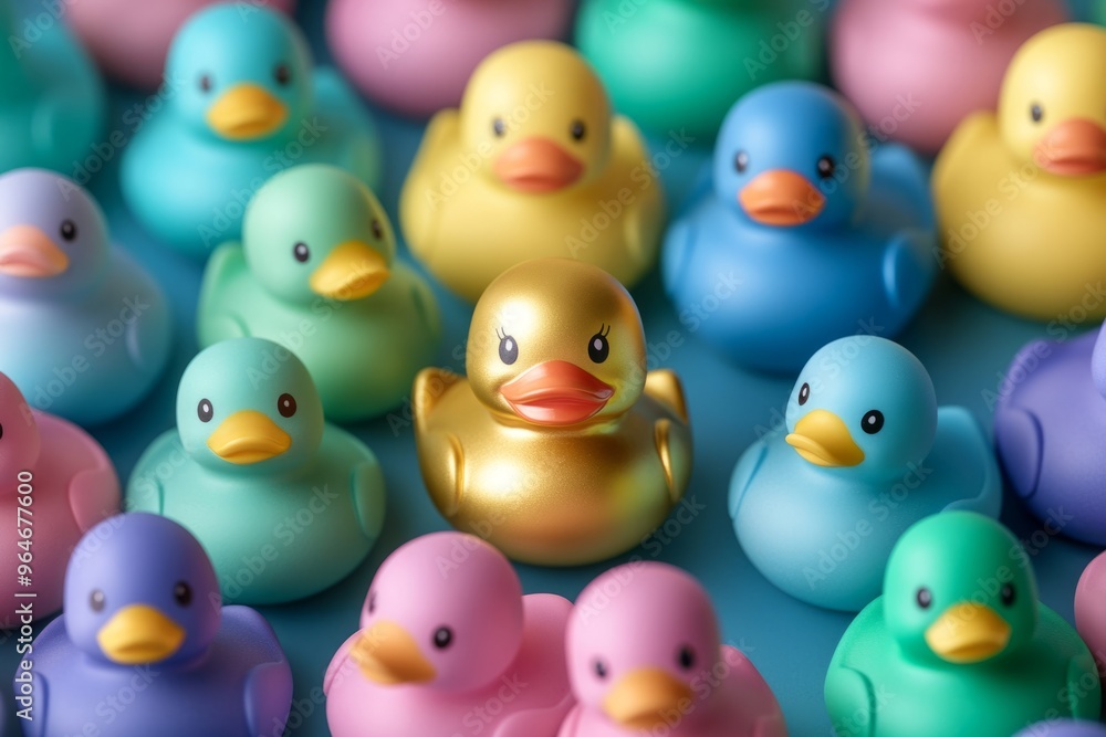 A vibrant collection of colorful rubber ducks creates a playful scene. The shiny golden duck stands out among pastel friends. Perfect for fun and cheerful visuals. Generative AI A vibrant collection of colorful rubber ducks creates a playful scene. The shiny golden duck stands out among pastel friends. Perfect for fun and cheerful visuals. Generative AI