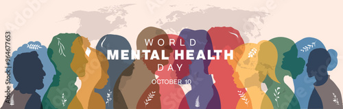 World Mental Health Day design. It features colorful silhouette of people. Side profile portrait. Vector illustration