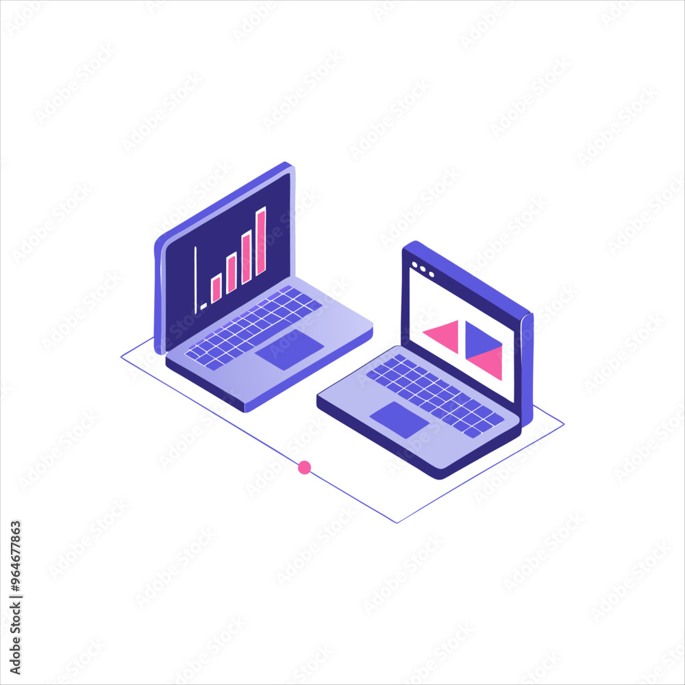 Isometric illustration of dual laptop with coding data analytics and AI symbol in a modern style, Isometric illustration of dual laptop with coding data analytics and AI symbol in a modern style,