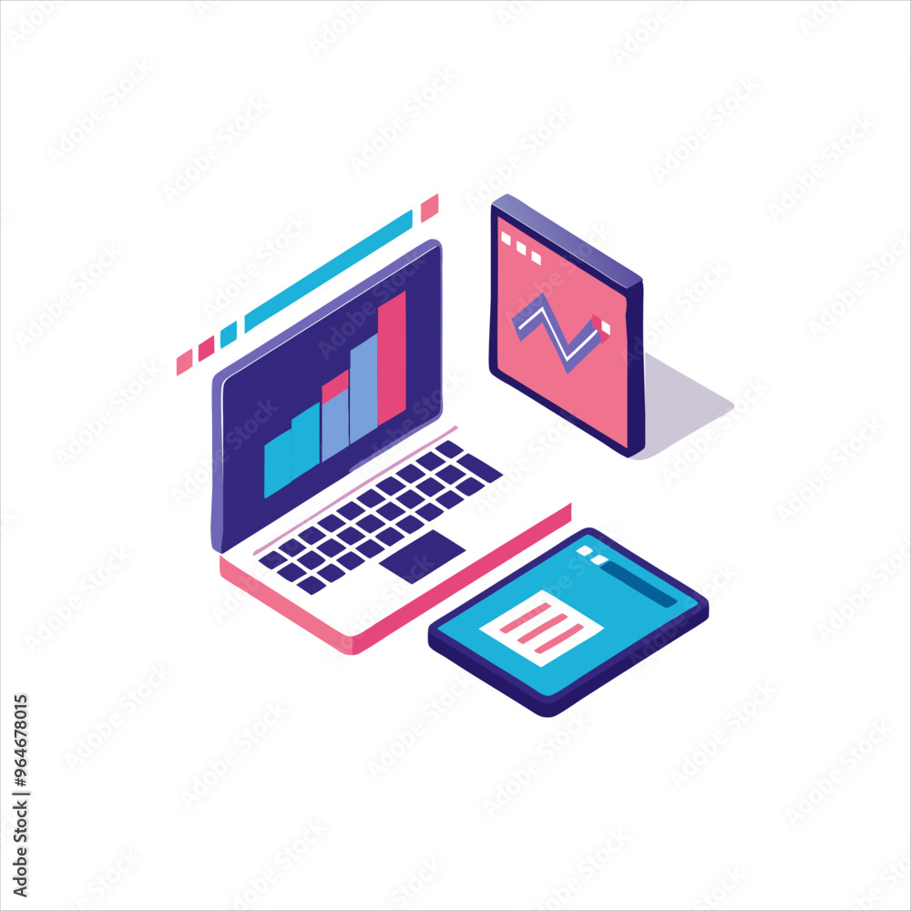 Isometric illustration of dual laptop with coding data analytics and AI symbol in a modern style, Isometric illustration of dual laptop with coding data analytics and AI symbol in a modern style,