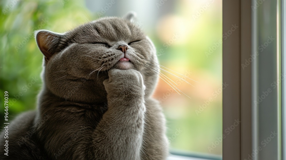 A thoughtful cat resting its chin on its paw, gazing out a window with a serene expression. A thoughtful cat resting its chin on its paw, gazing out a window with a serene expression.