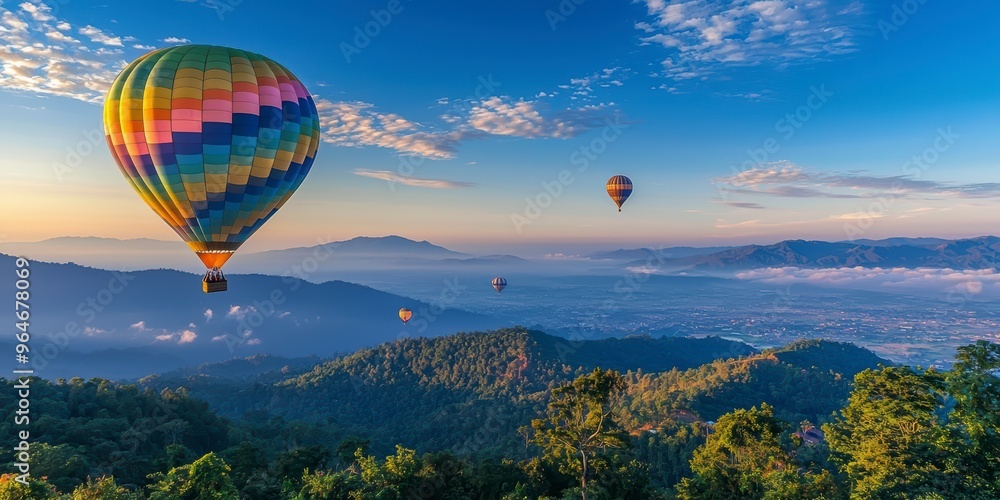 Fototapeta premium Colorful balloons hovering over the mountains at dawn, against a background of blue sky and greenery