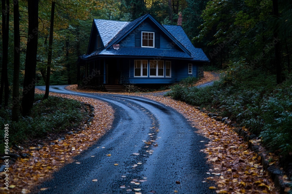 Road winding through a dense forest where the trees grow taller and the air grows colder the closer you get to the spooky house Road winding through a dense forest where the trees grow taller and the air grows colder the closer you get to the spooky house