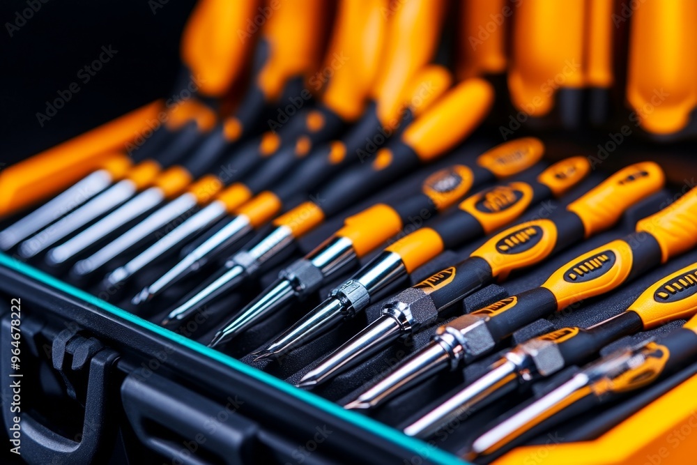 Screwdriver set neatly organized in a toolbox, each tool gleaming and ready for precise work Screwdriver set neatly organized in a toolbox, each tool gleaming and ready for precise work
