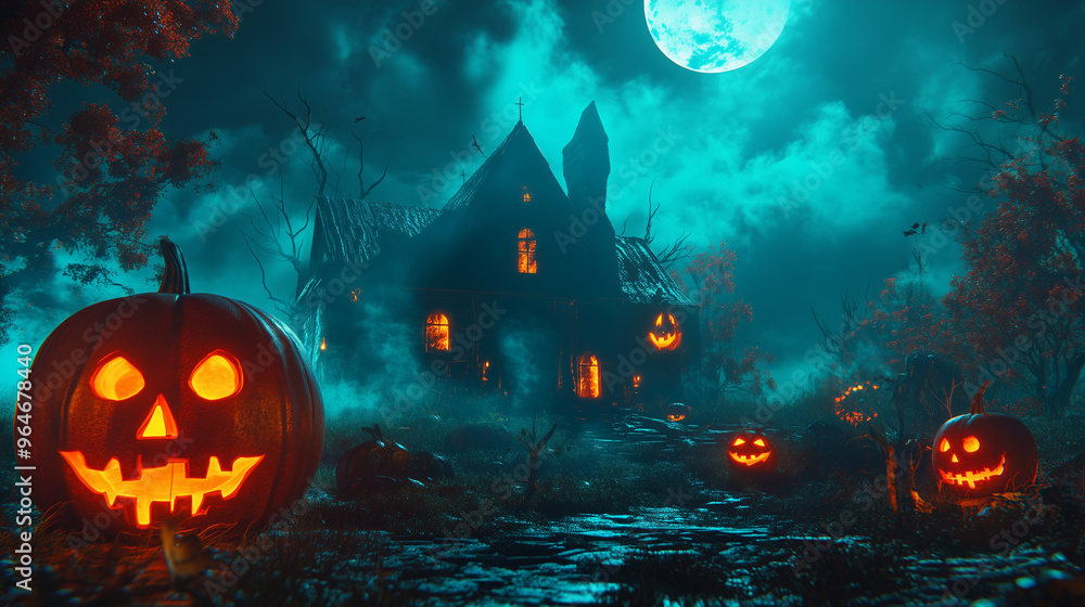 Halloween background with pumpkins and haunted house - 3D render. Halloween background with Evil Pumpkin. Spooky scary dark Night forrest. Holiday event halloween banner background concept Halloween background with pumpkins and haunted house - 3D render. Halloween background with Evil Pumpkin. Spooky scary dark Night forrest. Holiday event halloween banner background concept