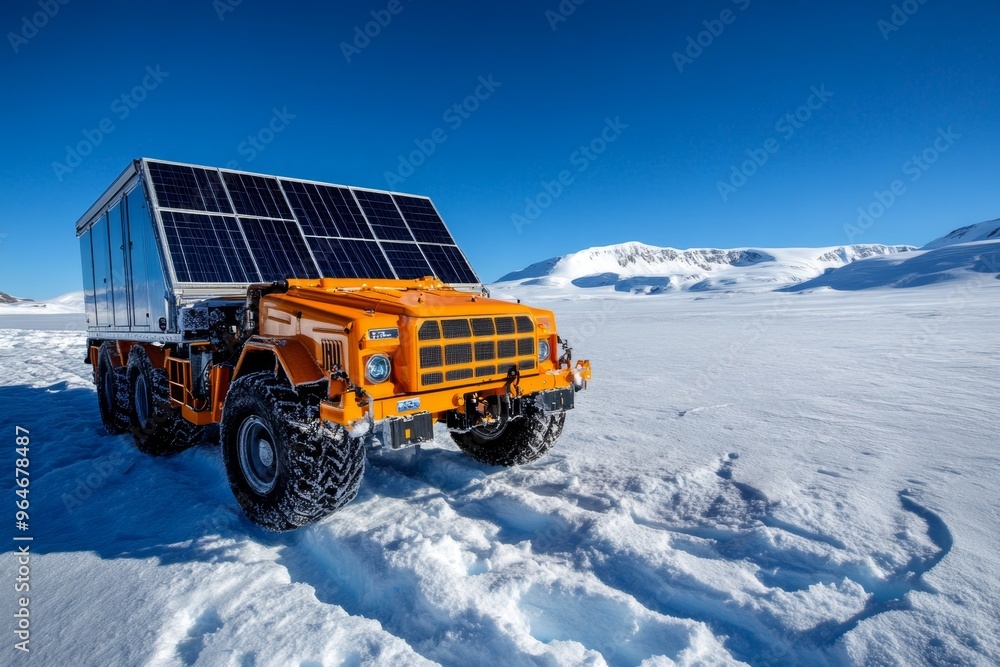 Solar-powered engine operating a remote research station, harnessing sunlight in an icy landscape Solar-powered engine operating a remote research station, harnessing sunlight in an icy landscape