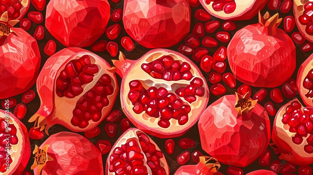 Fototapeta premium Pomegranate fruit. Fresh ripe pomegranate. Whole and half pomegranate fruits with seeds. Vibrant red and juicy. Vector illustration.