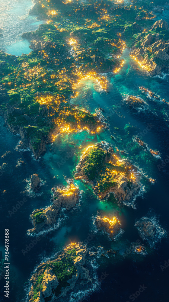 Fototapeta premium Mesmerizing Continental Landmasses and Illuminated Coastlines at Dusk with Vibrant Ocean Waters