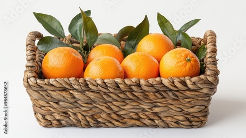 Freshly Picked Oranges in a Wicker Basket with Lush Green Leaves