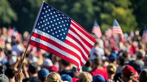 American flag waving in a crowd of people during an Independence Day event, with everyone wearing patriotic attire and cheering