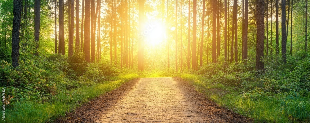 Fototapeta premium Radiant golden hour sunbeams illuminating a quiet forest path, nature's glowtime, peaceful and inspiring landscape