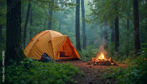 Cozy Camping Scene with Bright Yellow Tent and Glowing Campfire in the Forest