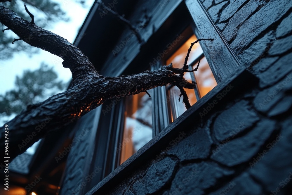 Tree branches scratching against the windows of the house as if trying to get in, adding to the eerie atmosphere Tree branches scratching against the windows of the house as if trying to get in, adding to the eerie atmosphere