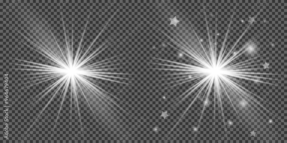 Glowing light bursts with sparkles. Glow light effect set, lens flare, explosion, glitter, line, sun flash, spark and star. Abstract image of lighting flare and white stars. Vector illustration Glowing light bursts with sparkles. Glow light effect set, lens flare, explosion, glitter, line, sun flash, spark and star. Abstract image of lighting flare and white stars. Vector illustration