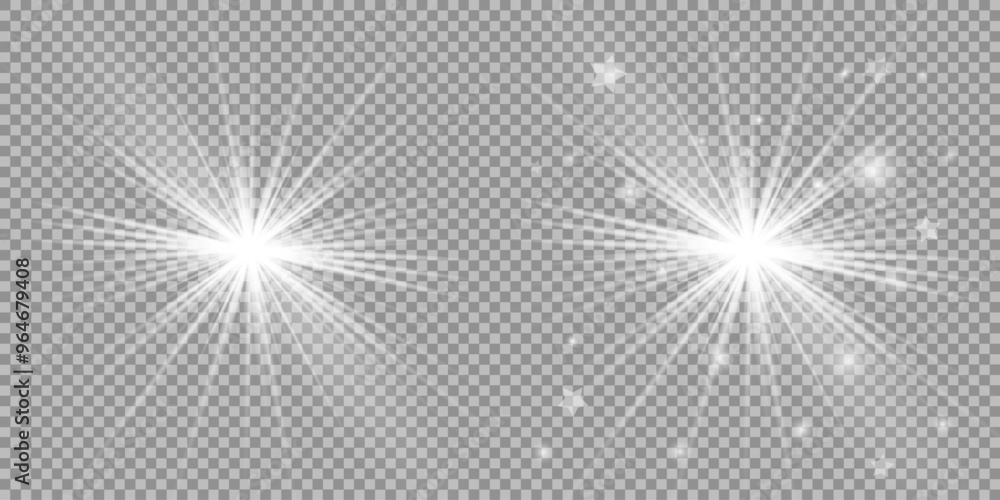 Glowing light bursts with sparkles. Glow light effect set, lens flare, explosion, glitter, line, sun flash, spark and star. Abstract image of lighting flare and white stars. Vector illustration Glowing light bursts with sparkles. Glow light effect set, lens flare, explosion, glitter, line, sun flash, spark and star. Abstract image of lighting flare and white stars. Vector illustration