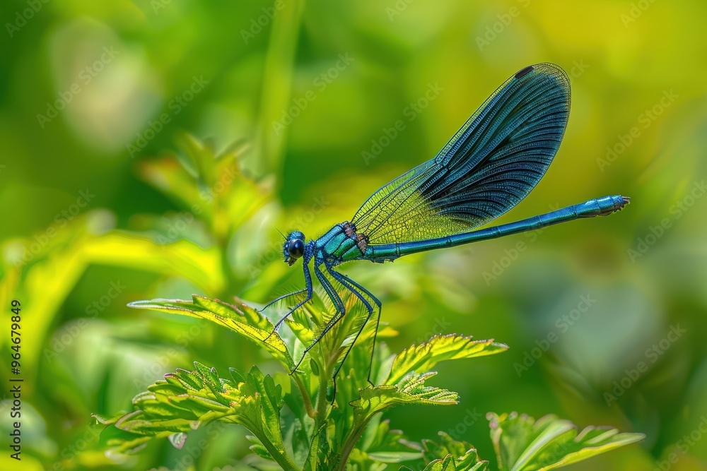 A blue-black dragonfly perches on a green leafy plant Surrounding background consists of lush green leaves. Beautiful simple AI generated image A blue-black dragonfly perches on a green leafy plant Surrounding background consists of lush green leaves. Beautiful simple AI generated image