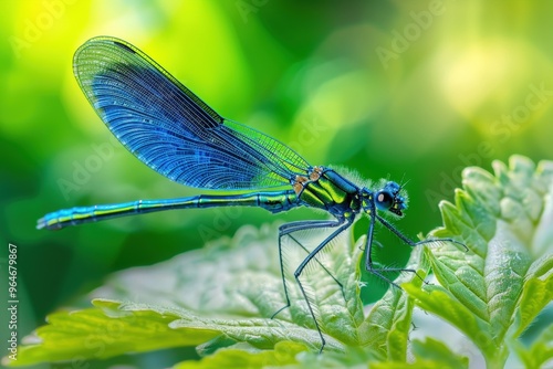 Solitary colorful dragoClose-up of a dragonfly sitting on a reednfly sitting on a green reed. Beautiful simple AI generated image photo