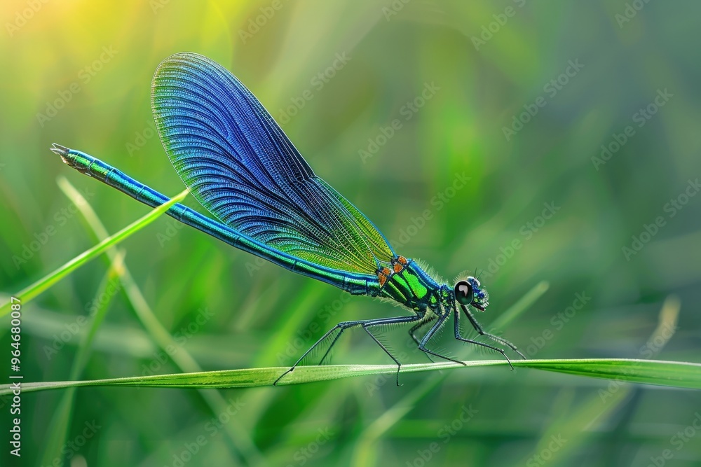Solitary colorful dragoClose-up of a dragonfly sitting on a reednfly sitting on a green reed. Beautiful simple AI generated image Solitary colorful dragoClose-up of a dragonfly sitting on a reednfly sitting on a green reed. Beautiful simple AI generated image