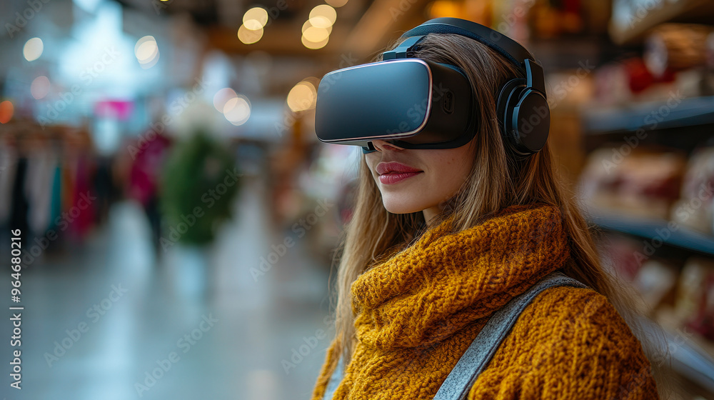 Woman Shopping Online with Virtual Reality Headset in Modern Living Room, Exploring Online Market with Innovative Technology, Engaged in VR Shopping Experience, Futuristic Retail Concept Woman Shopping Online with Virtual Reality Headset in Modern Living Room, Exploring Online Market with Innovative Technology, Engaged in VR Shopping Experience, Futuristic Retail Concept